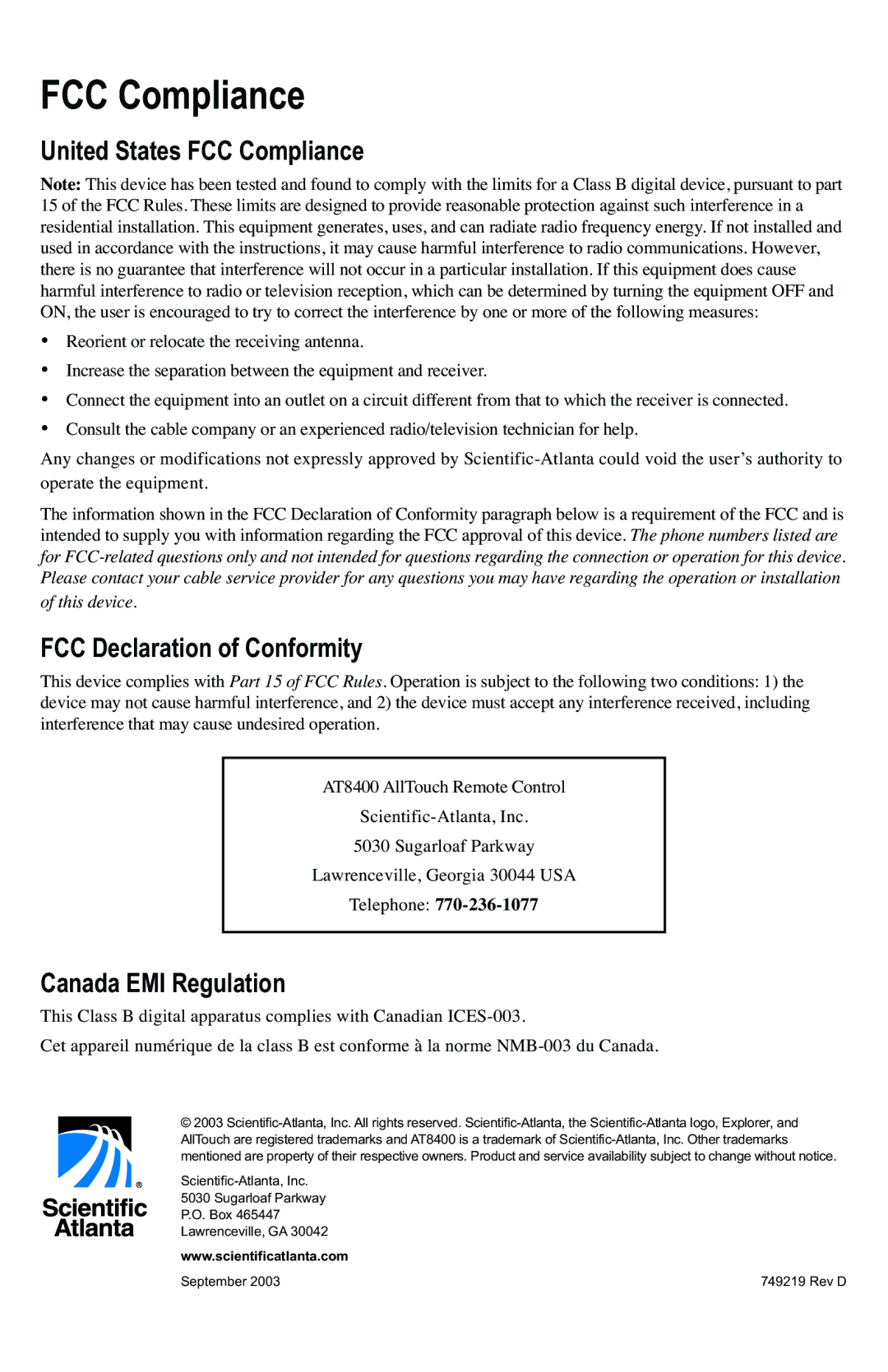 Scientific Atlanta AT8400 manual United States FCC Compliance, FCC Declaration of Conformity, Canada EMI Regulation 