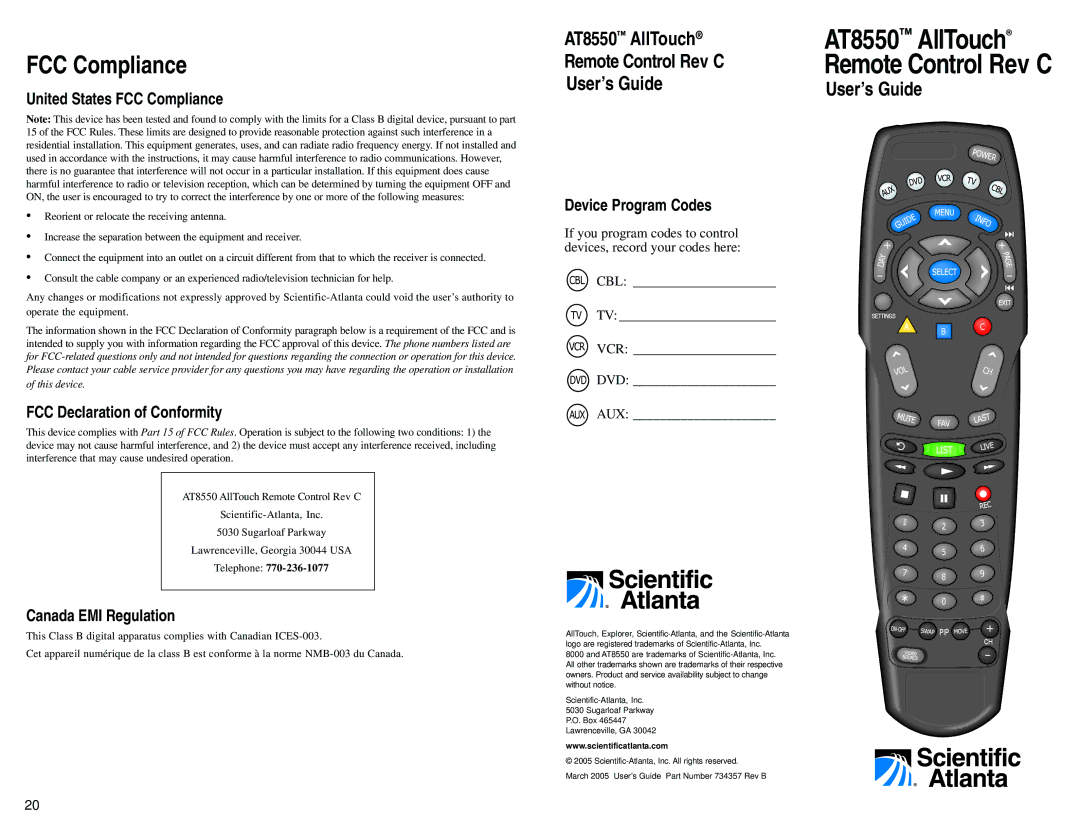 Scientific Atlanta AT8550 manual United States FCC Compliance, FCC Declaration of Conformity, Device Program Codes 