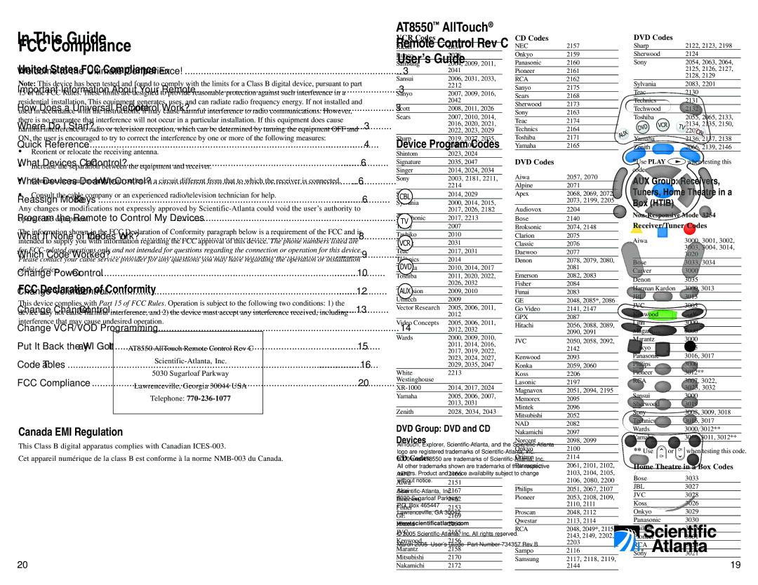 Scientific Atlanta AT8550 This Guide, DVD Group DVD and CD Devices, AUX Group Receivers Tuners, Home Theatre in a Box Htib 