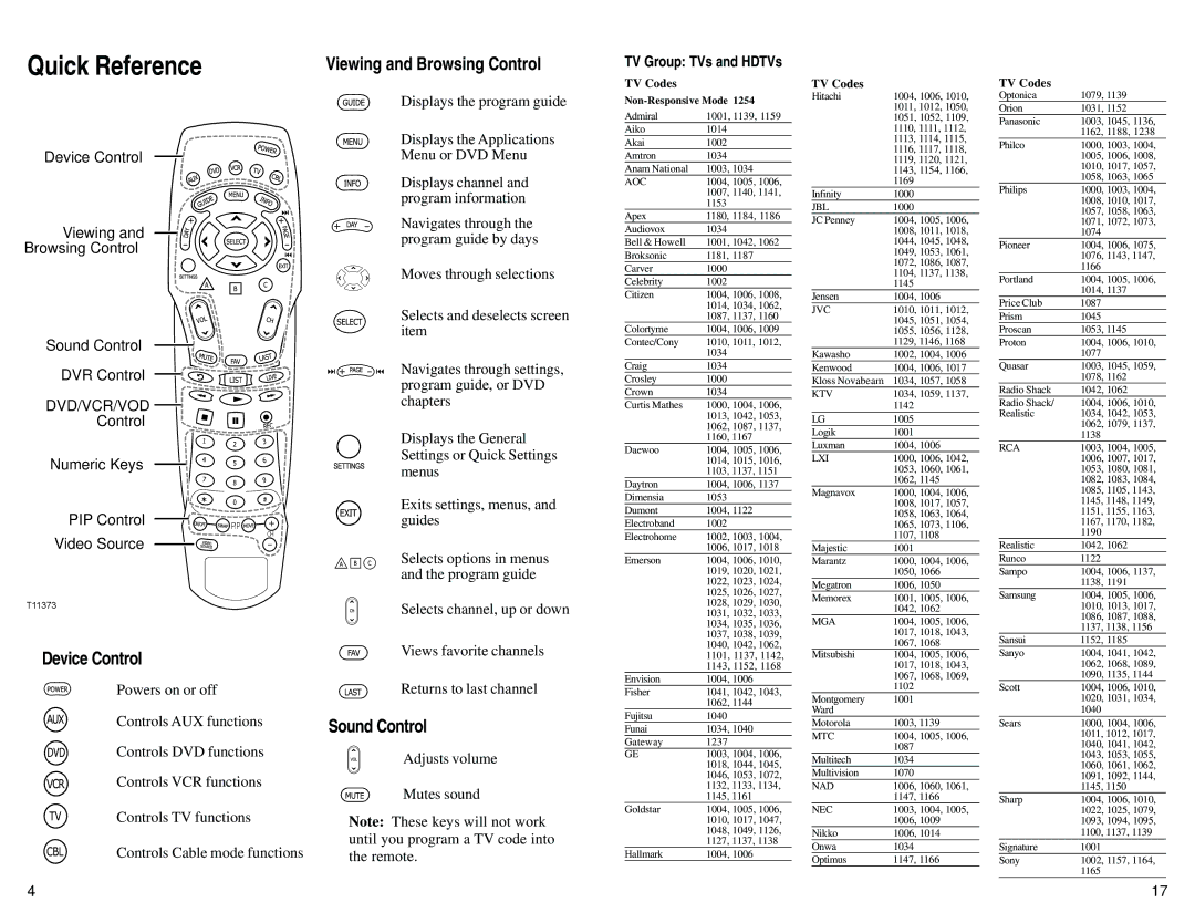 Scientific Atlanta AT8550 manual Quick Reference, Device Control, Sound Control, TV Group TVs and HDTVs 