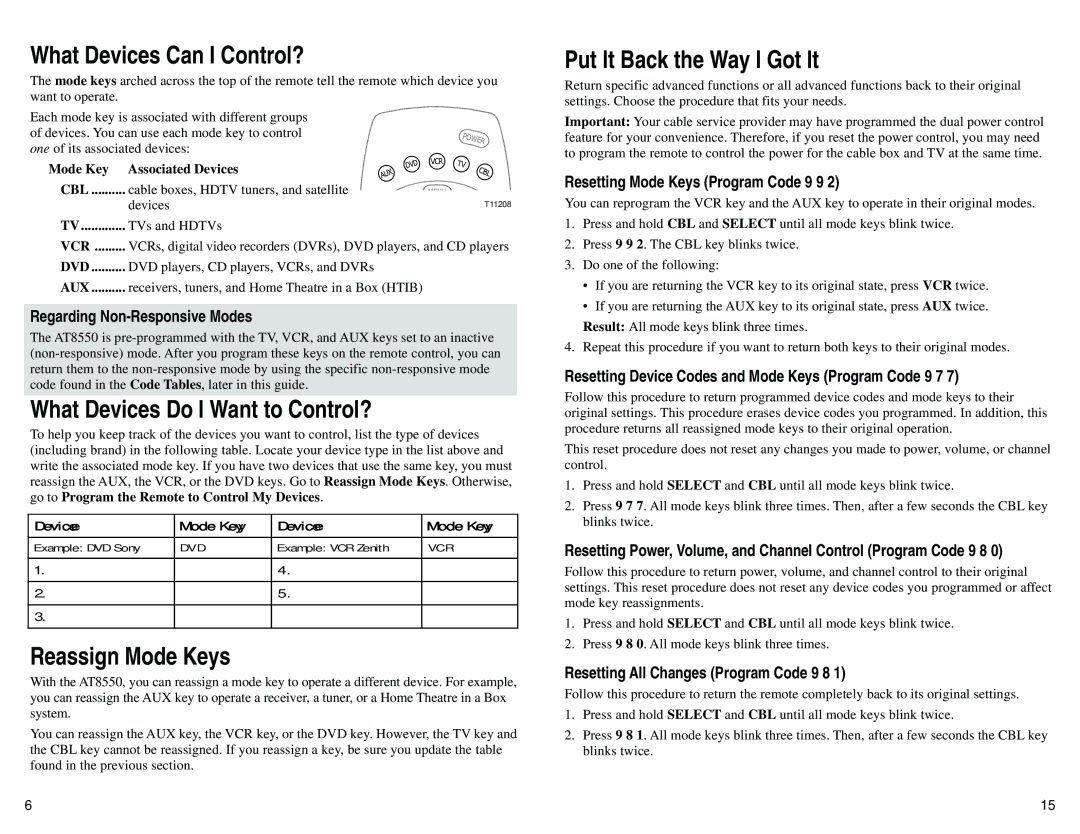 Scientific Atlanta AT8550 manual What Devices Can I Control?, What Devices Do I Want to Control?, Reassign Mode Keys 