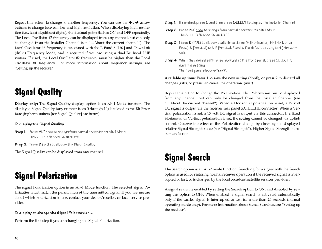 Scientific Atlanta D9225 manual 6LJQDO3RODULDWLRQ, 6LJQDO6HDUFK, 6LJQDO4XDOLW, QualityÖ Alt Mode 