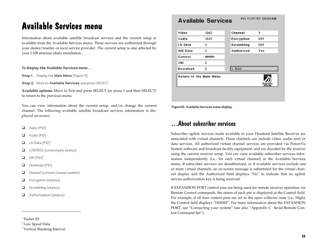 Scientific Atlanta D9225 manual $YDLODEOH6HUYLFHVPHQX, «$Erxwvxevfulehuvhuylfhv, Available Services 