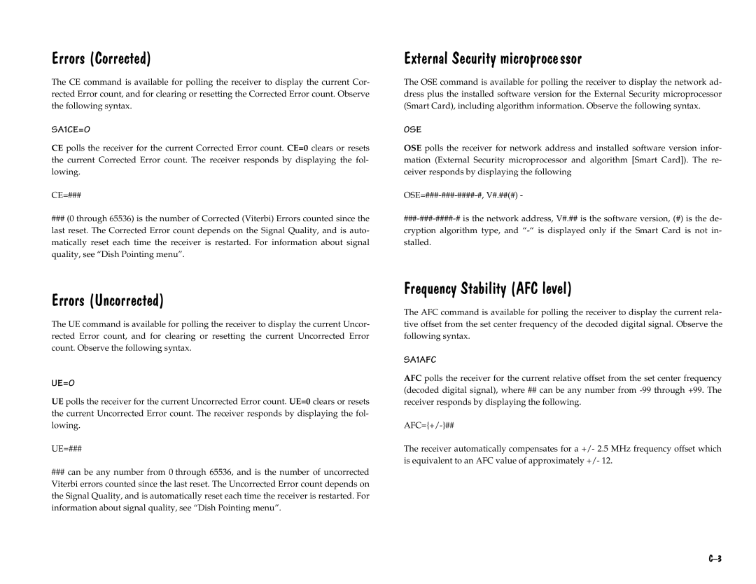 Scientific Atlanta D9225 manual SA1CE=0UURUV&RUUHFWHG, UURUV8QFRUUHFWHG, UHTXHQF\6WDELOLW\$&OHYHO 