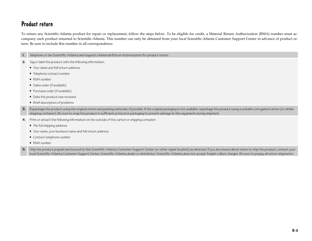 Scientific Atlanta D9225 manual Scientific Return Label product Followinginform, Address 