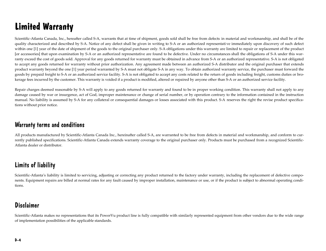 Scientific Atlanta D9225 manual Lplwhgduudqw, Duudqw\Whupvdqgfrqglwlrqv, Lplwvrioldelolw, Lvfodlphu 