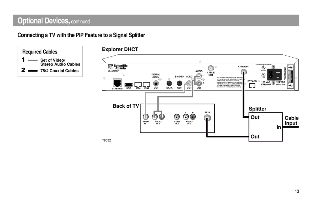 Scientific Atlanta Digital Home Communications Terminal manual Connecting a TV with the PIP Feature to a Signal Splitter 