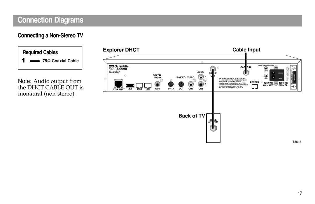 Scientific Atlanta Digital Home Communications Terminal manual Connection Diagrams, Connecting a Non-Stereo TV 