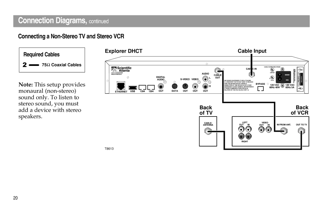 Scientific Atlanta Digital Home Communications Terminal manual Connecting a Non-Stereo TV and Stereo VCR 