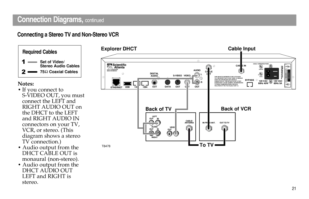 Scientific Atlanta Digital Home Communications Terminal manual Connecting a Stereo TV and Non-Stereo VCR 