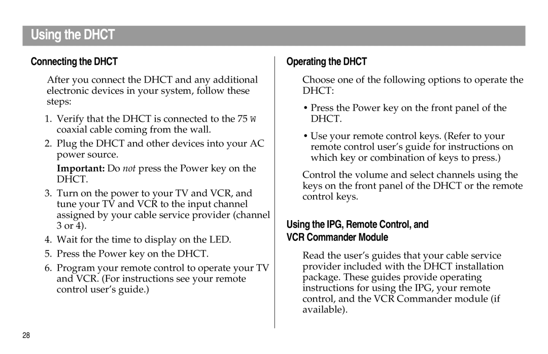 Scientific Atlanta Digital Home Communications Terminal manual Using the Dhct, Connecting the Dhct, Operating the Dhct 