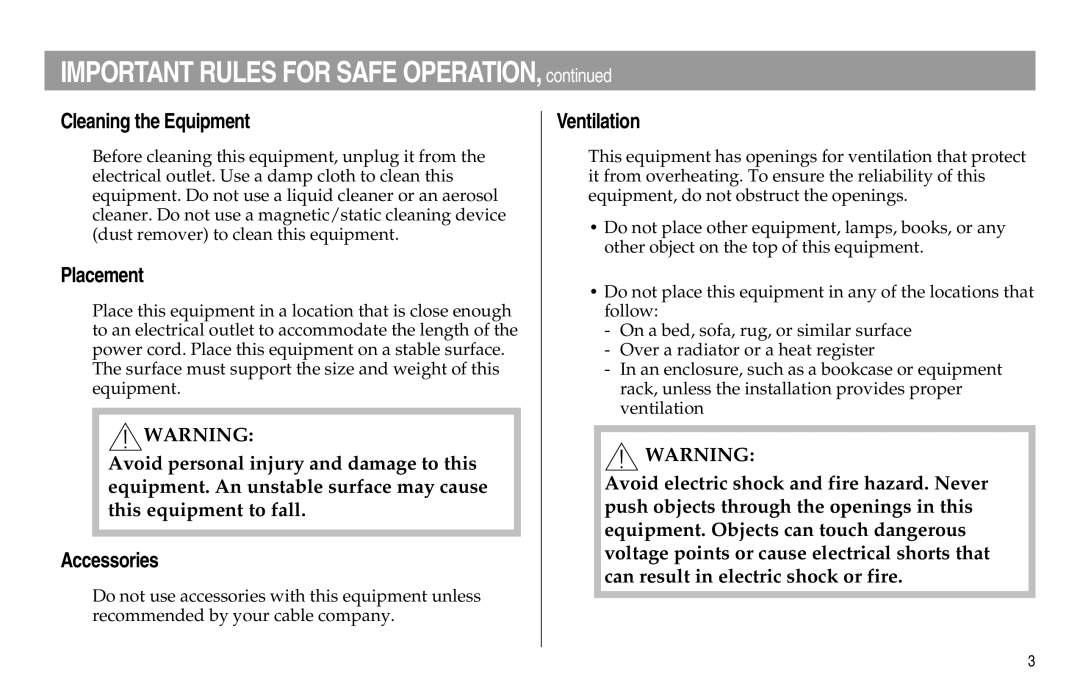 Scientific Atlanta Digital Home Communications Terminal manual Cleaning the Equipment, Placement, Accessories, Ventilation 