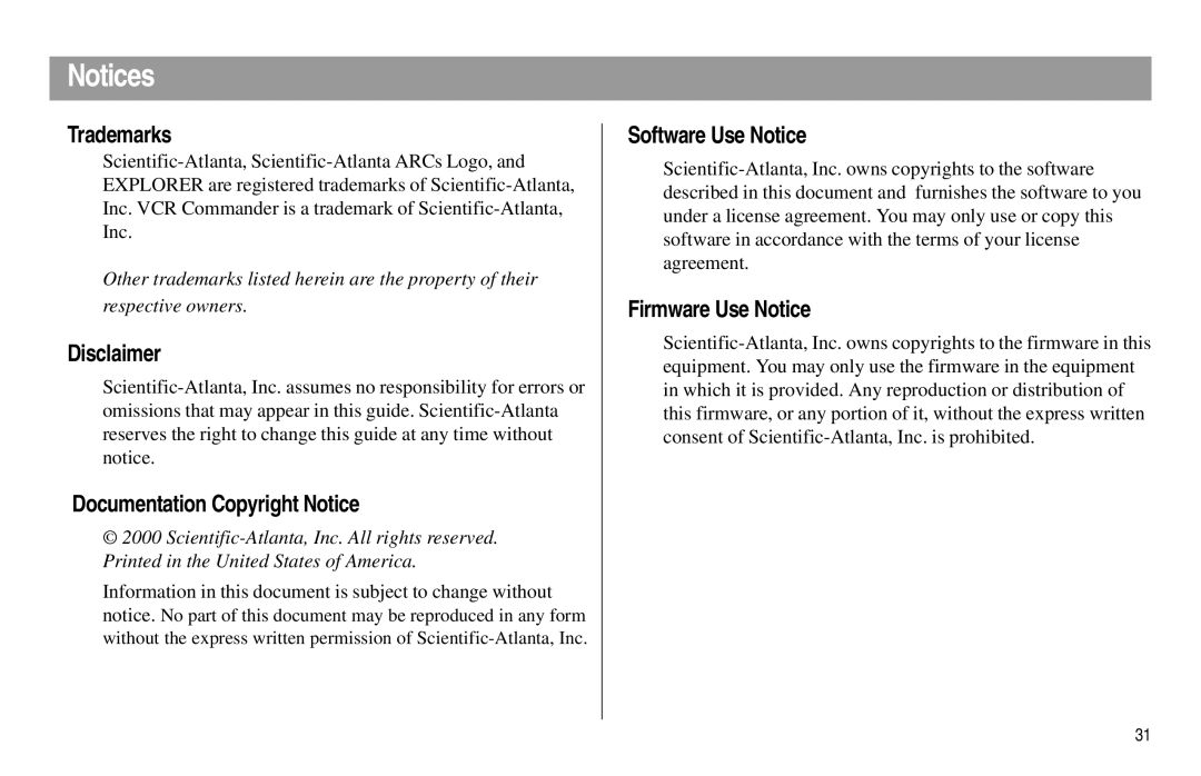 Scientific Atlanta Digital Home Communications Terminal manual Trademarks, Disclaimer, Documentation Copyright Notice 