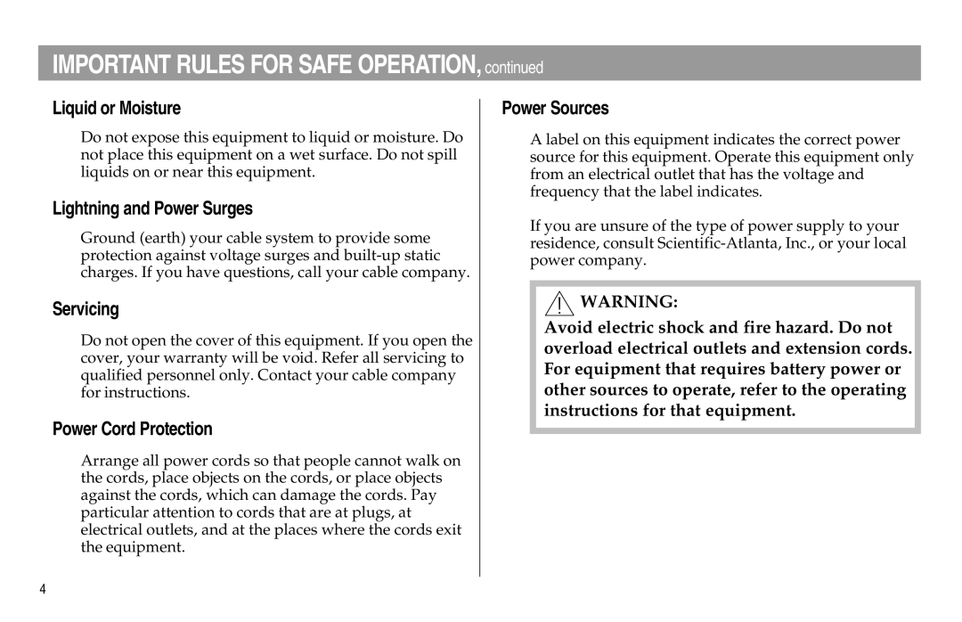 Scientific Atlanta Digital Home Communications Terminal manual Liquid or Moisture, Lightning and Power Surges, Servicing 