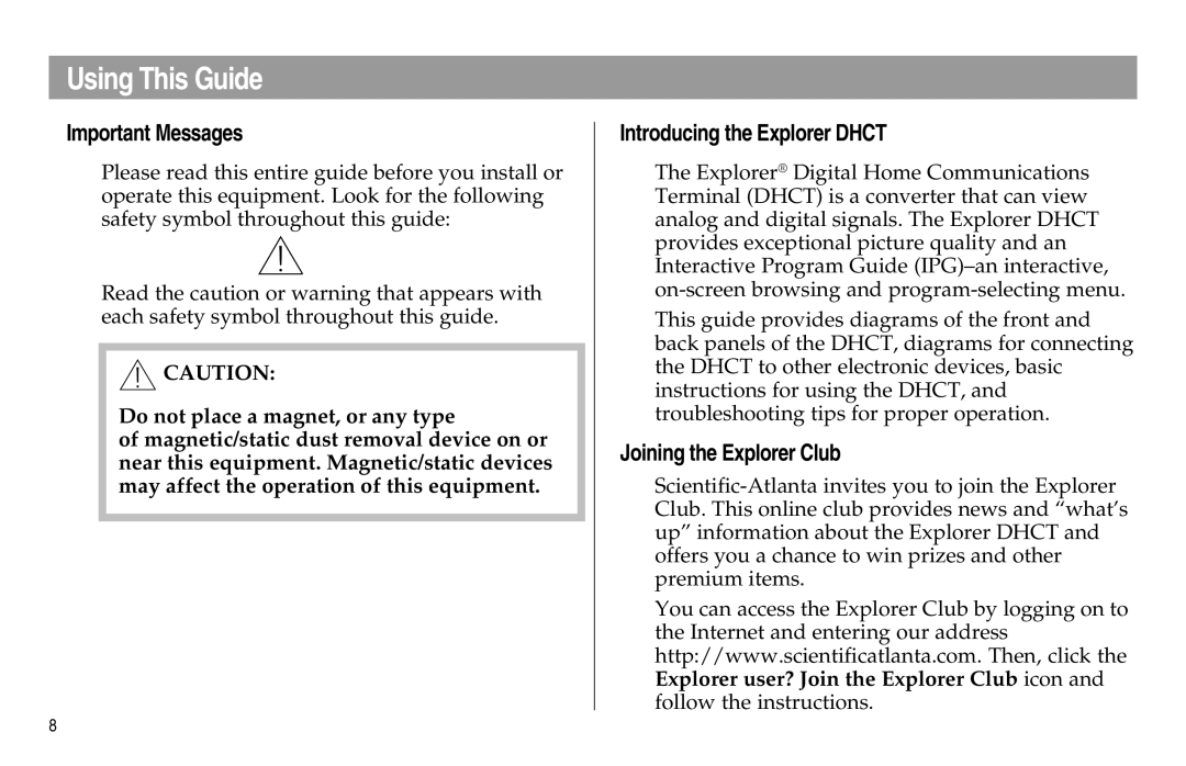 Scientific Atlanta Digital Home Communications Terminal Using This Guide, Important Messages, Joining the Explorer Club 