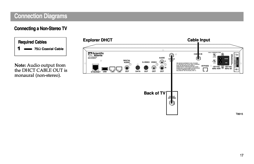 Scientific Atlanta Digital Home Communications Terminal Connection Diagrams, Connecting a Non-StereoTV, Required Cables 