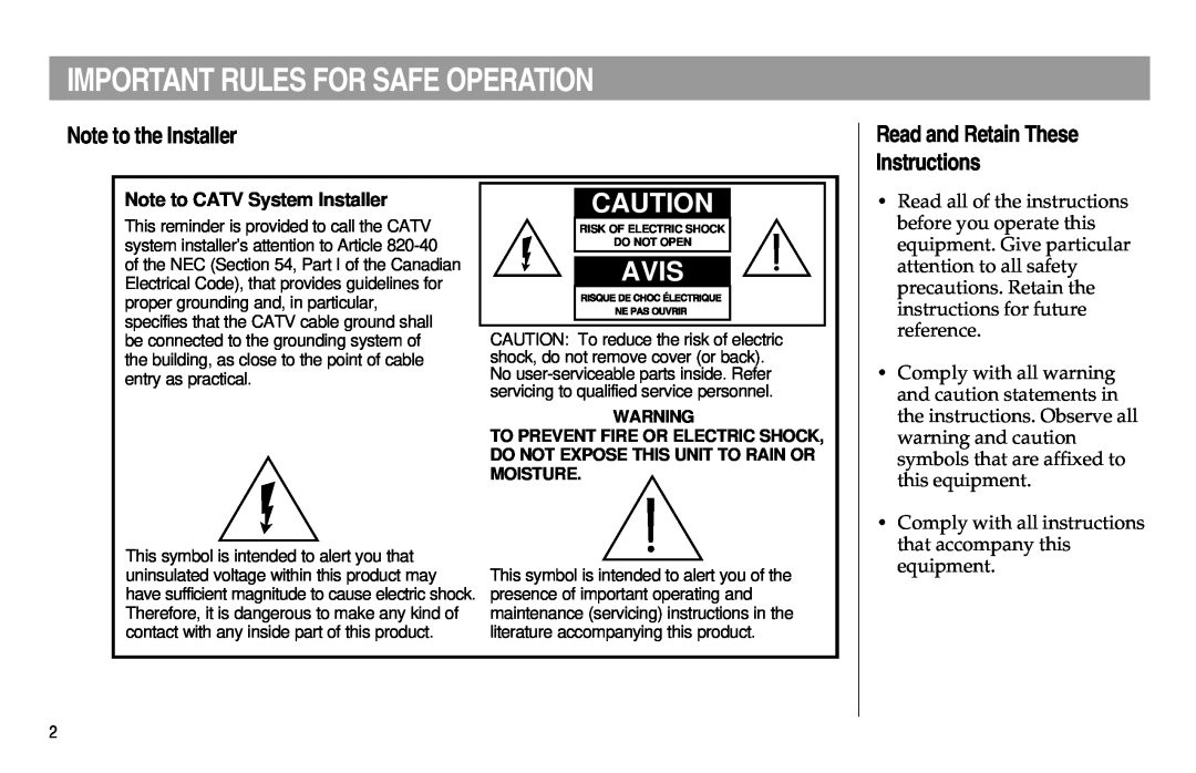 Scientific Atlanta Digital Home Communications Terminal Important Rules For Safe Operation, Note to the Installer, Avis 
