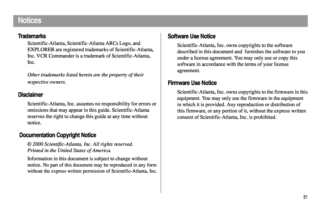 Scientific Atlanta Digital Home Communications Terminal Notices, Trademarks, Disclaimer, Documentation Copyright Notice 