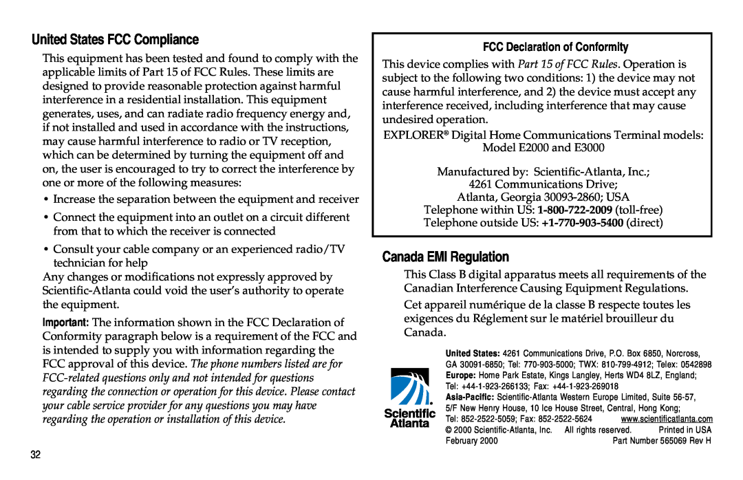 Scientific Atlanta Digital Home Communications Terminal manual United States FCC Compliance, Canada EMI Regulation 