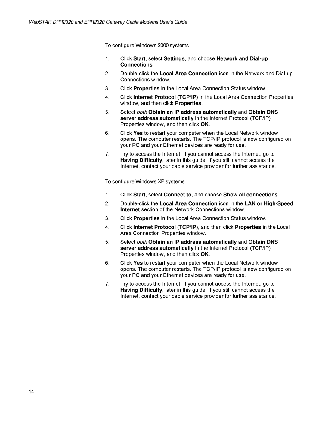 Scientific Atlanta EPR2320, DPR2320 manual To configure Windows 2000 systems, To configure Windows XP systems 