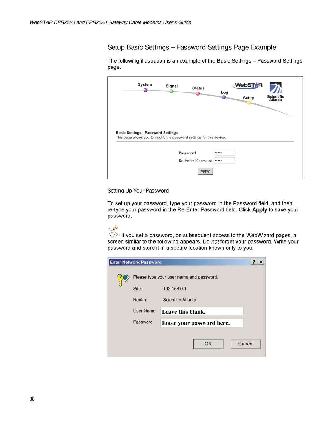 Scientific Atlanta EPR2320, DPR2320 manual Setup Basic Settings Password Settings Page Example, Setting Up Your Password 