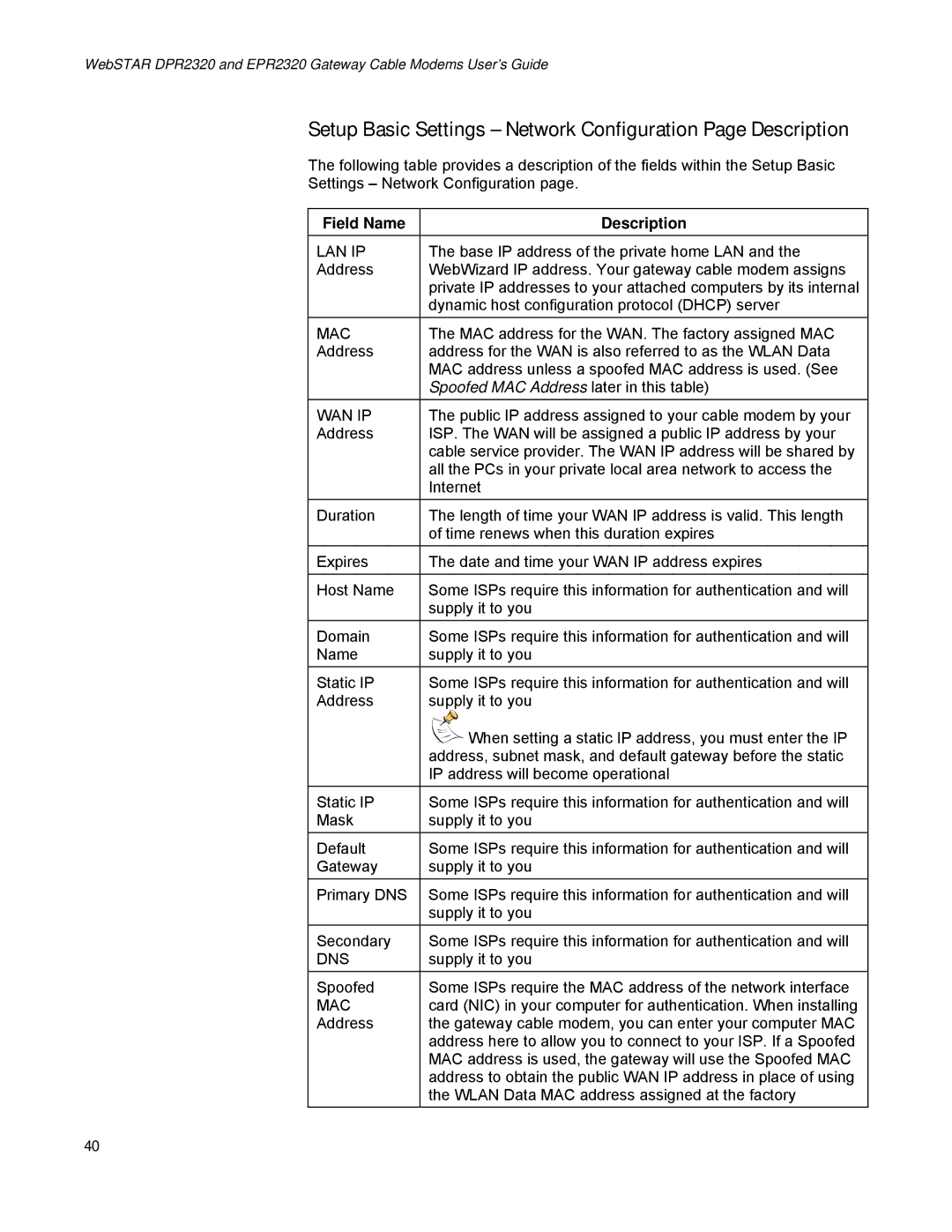 Scientific Atlanta EPR2320, DPR2320 manual Setup Basic Settings Network Configuration Page Description, Lan Ip 