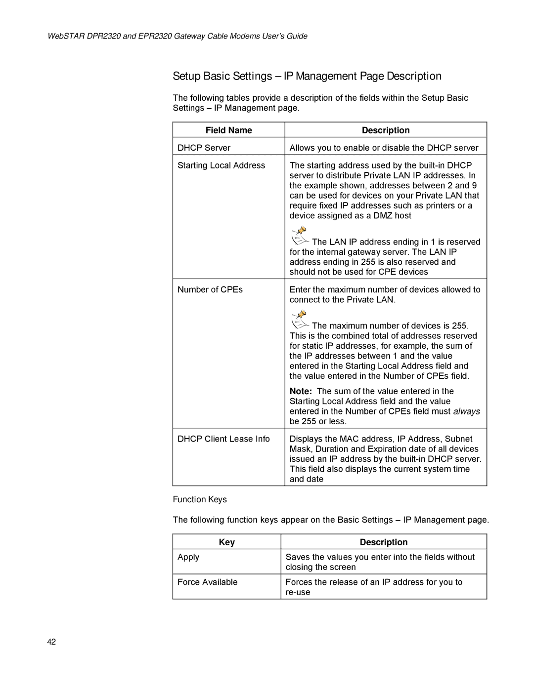 Scientific Atlanta EPR2320, DPR2320 manual Setup Basic Settings IP Management Page Description 