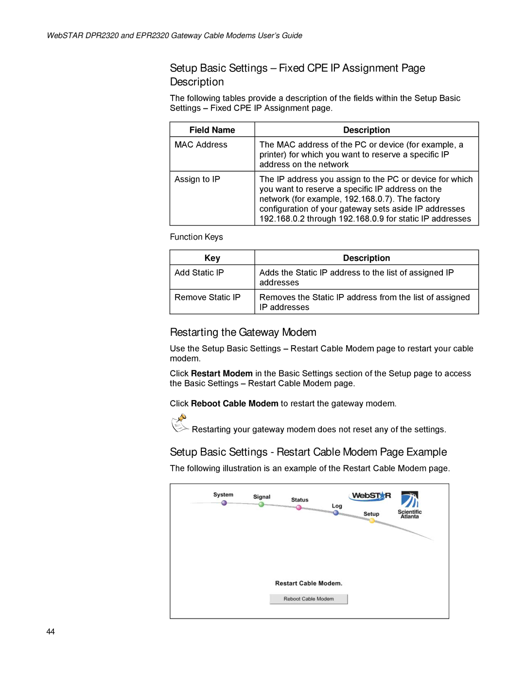 Scientific Atlanta EPR2320, DPR2320 Setup Basic Settings Fixed CPE IP Assignment Description, Restarting the Gateway Modem 