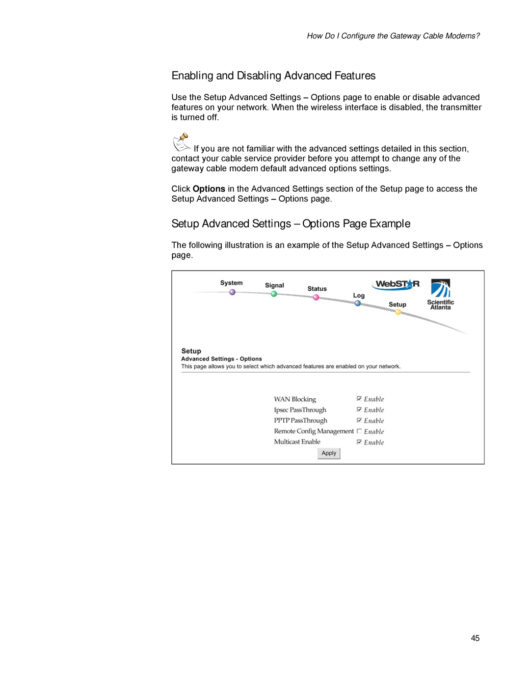 Scientific Atlanta DPR2320, EPR2320 Enabling and Disabling Advanced Features, Setup Advanced Settings Options Page Example 