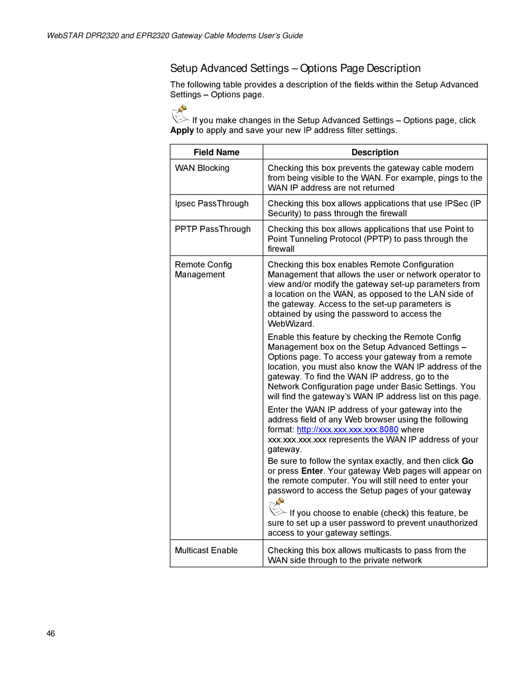 Scientific Atlanta EPR2320 manual Setup Advanced Settings Options Page Description, Format http//xxx.xxx.xxx.xxx8080 where 