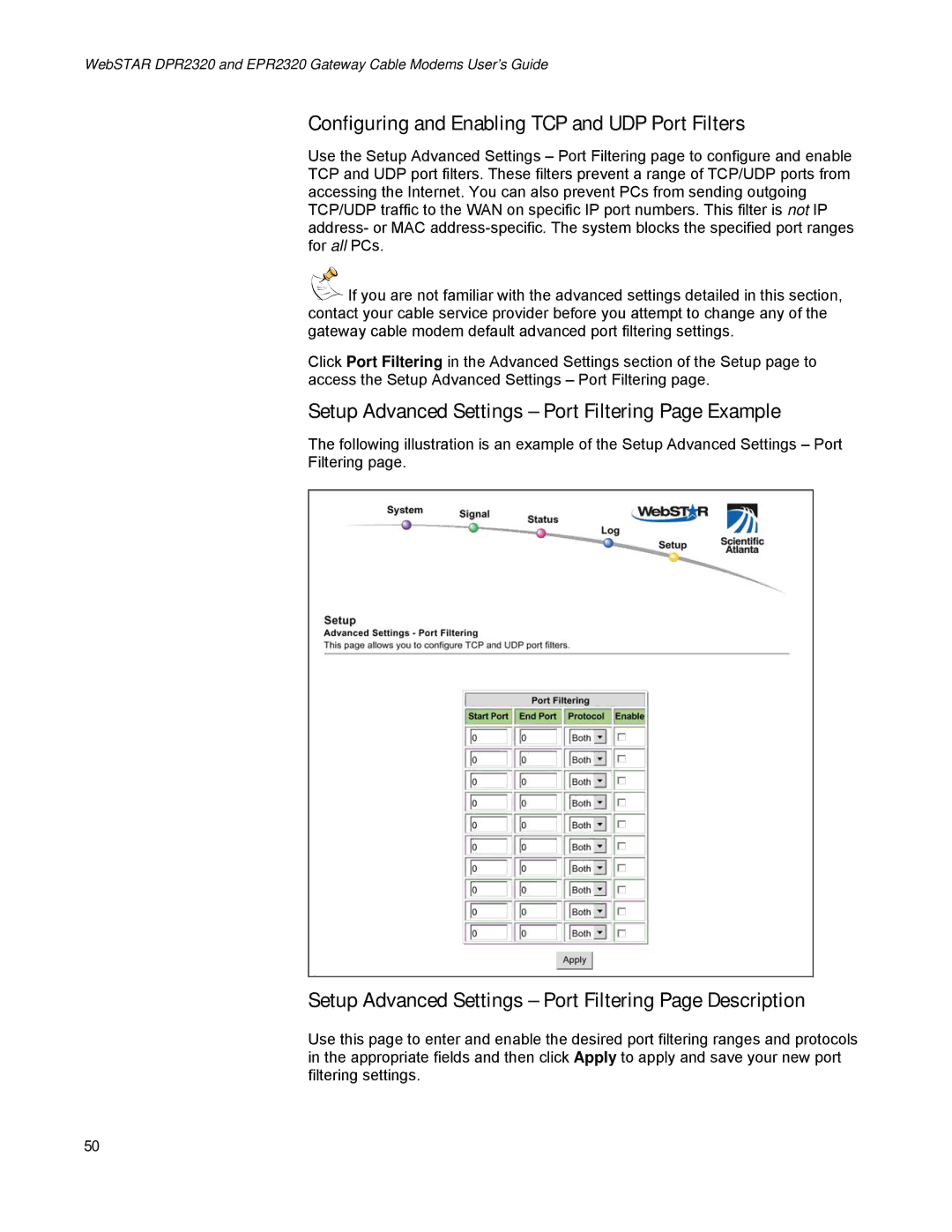 Scientific Atlanta EPR2320, DPR2320 manual Configuring and Enabling TCP and UDP Port Filters 