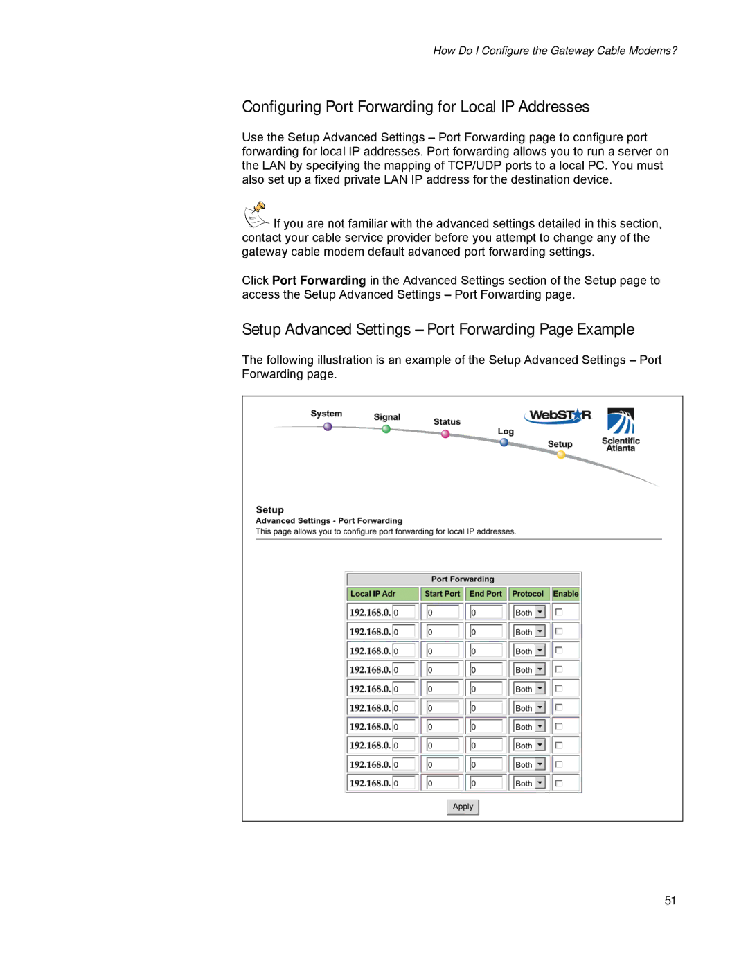 Scientific Atlanta DPR2320, EPR2320 manual Configuring Port Forwarding for Local IP Addresses 