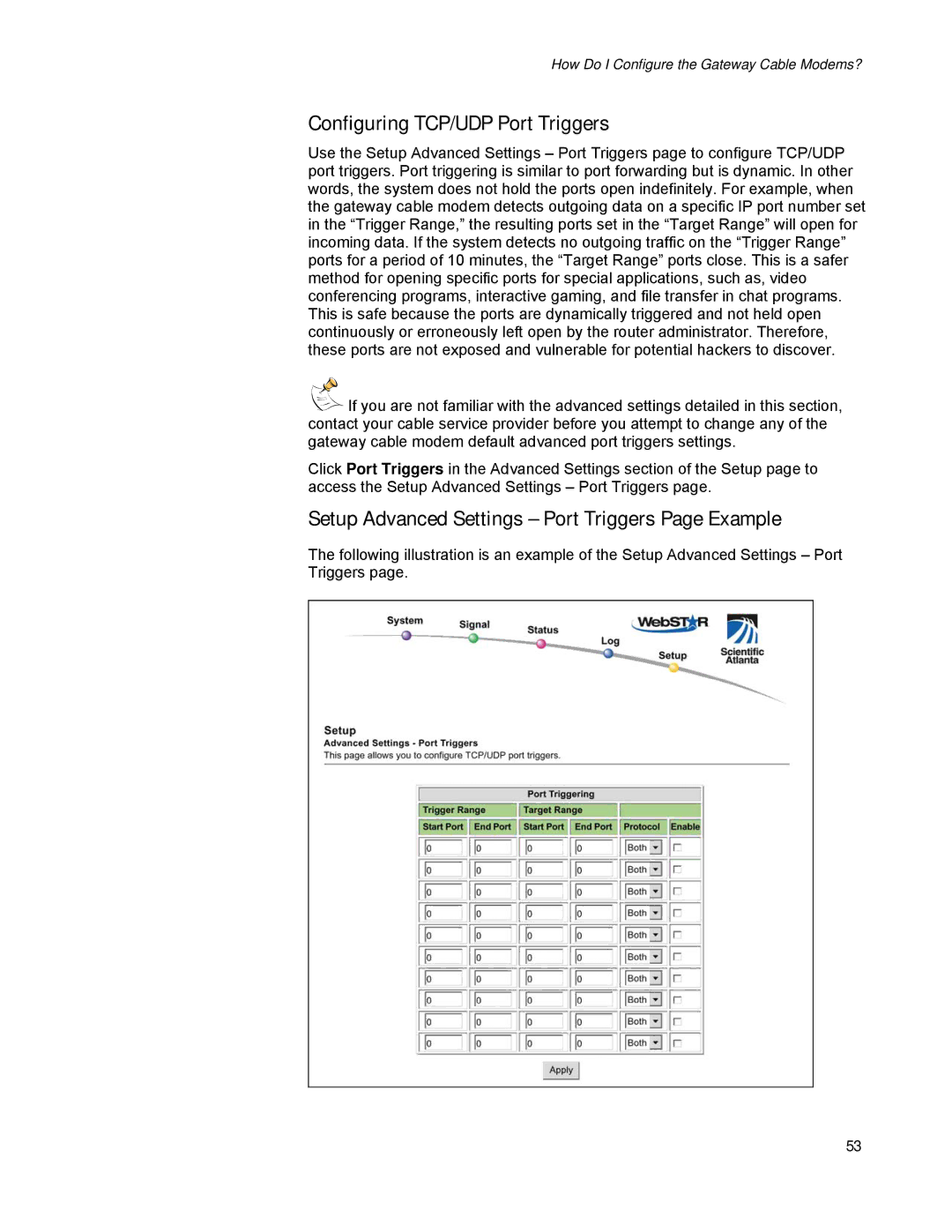 Scientific Atlanta DPR2320, EPR2320 Configuring TCP/UDP Port Triggers, Setup Advanced Settings Port Triggers Page Example 