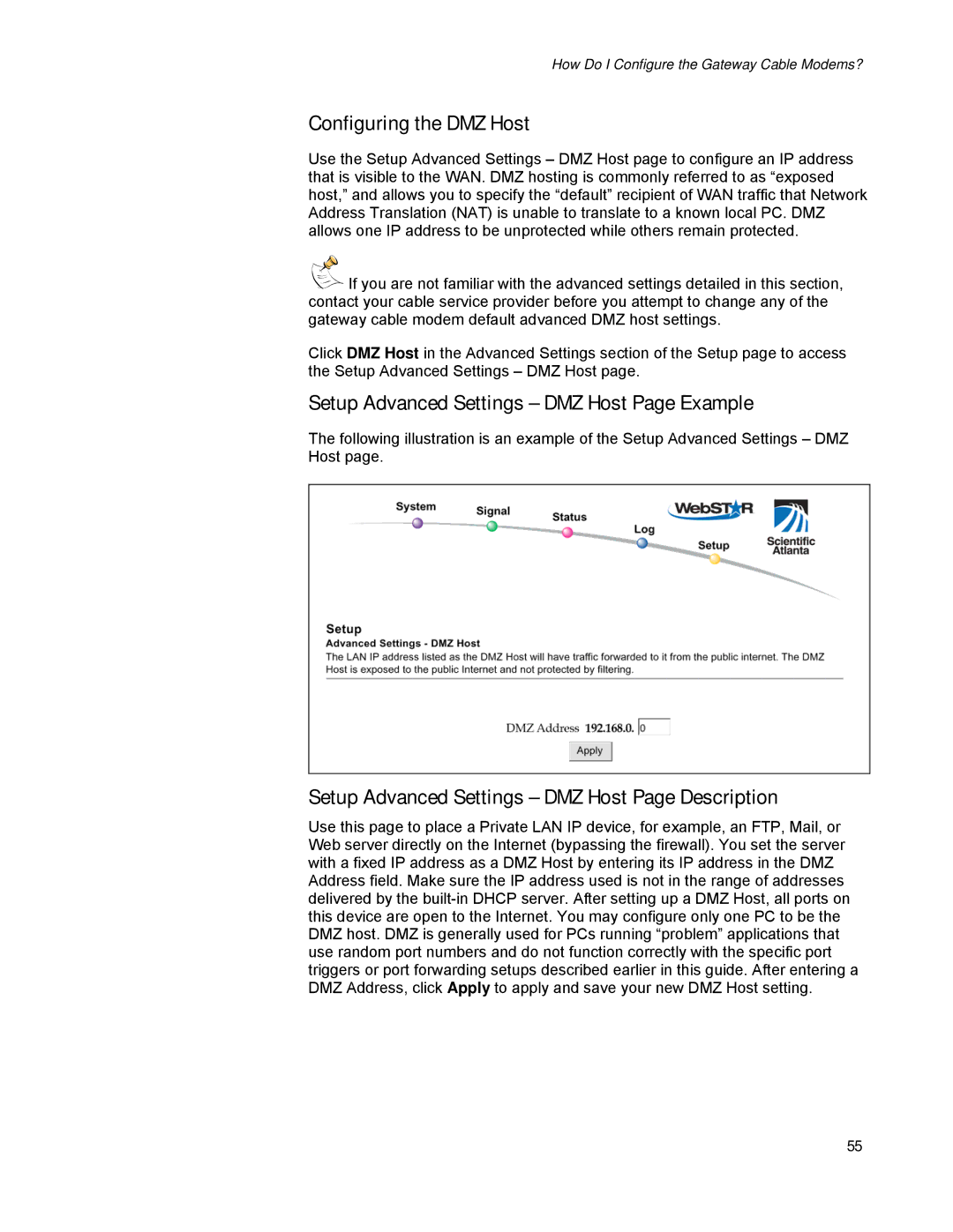 Scientific Atlanta DPR2320, EPR2320 manual Configuring the DMZ Host, Setup Advanced Settings DMZ Host Page Example 