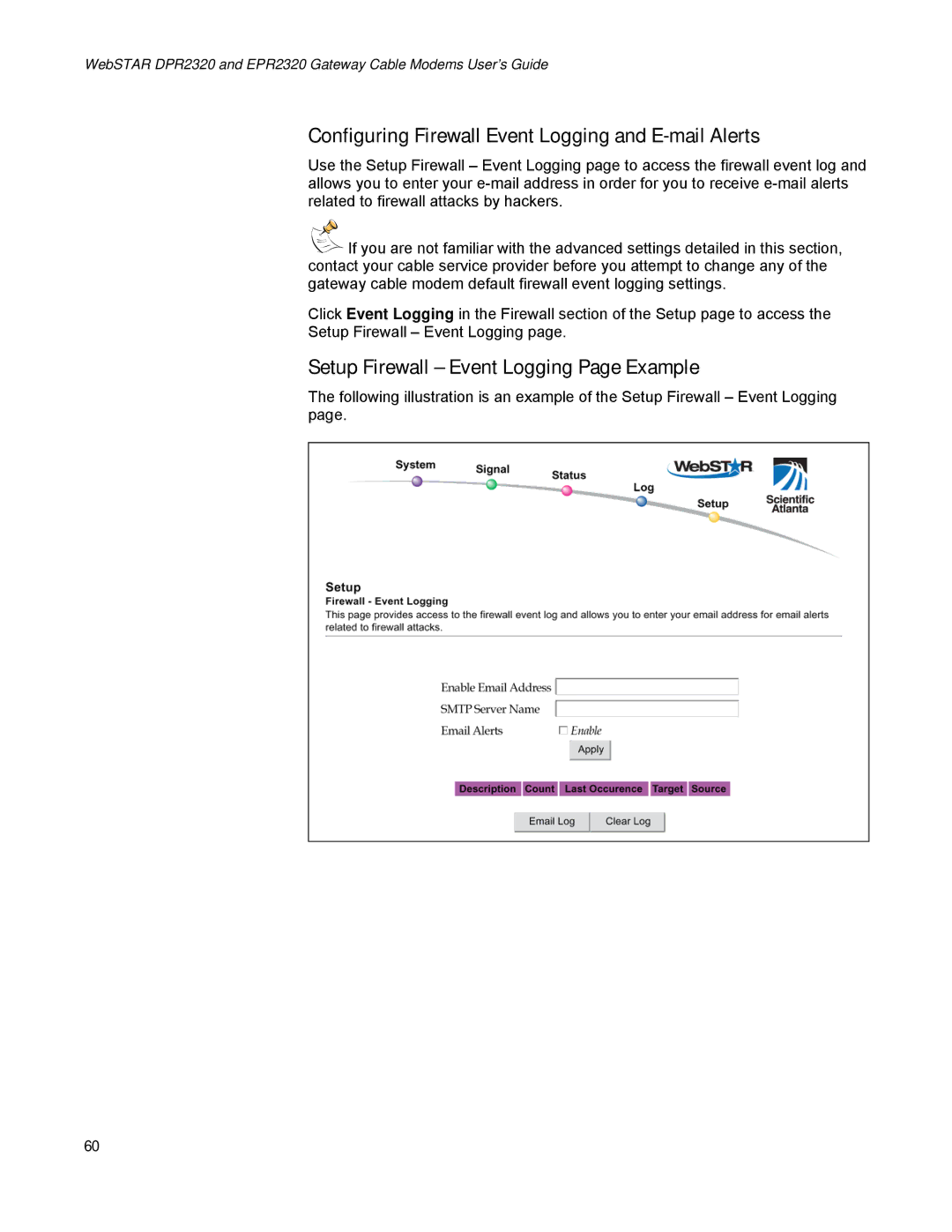 Scientific Atlanta EPR2320 Configuring Firewall Event Logging and E-mail Alerts, Setup Firewall Event Logging Page Example 