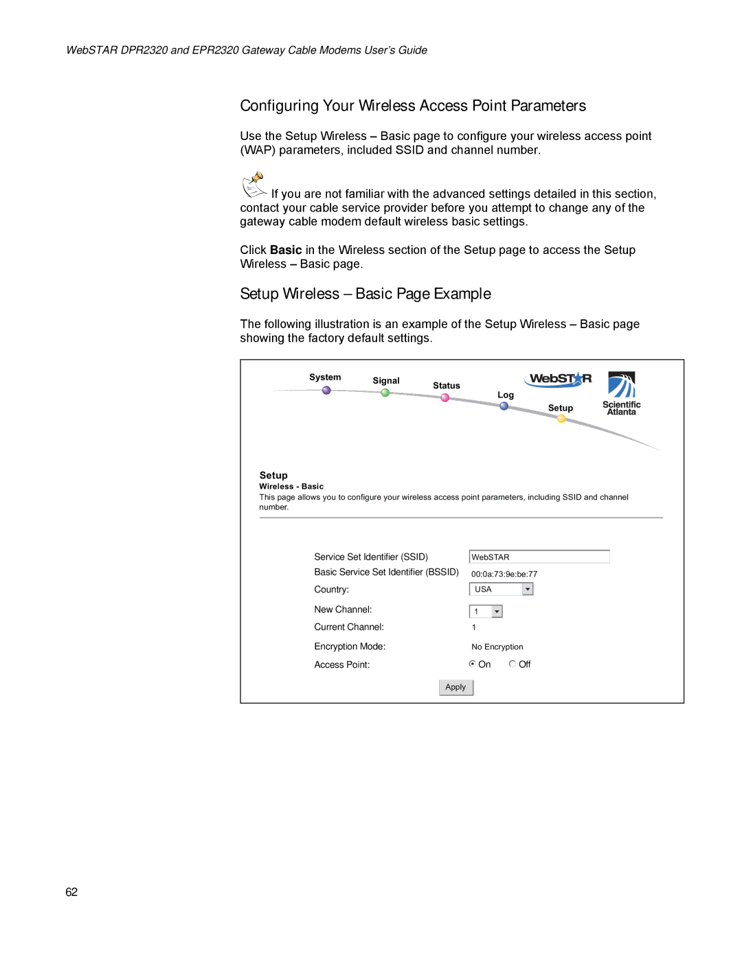 Scientific Atlanta EPR2320, DPR2320 Configuring Your Wireless Access Point Parameters, Setup Wireless Basic Page Example 