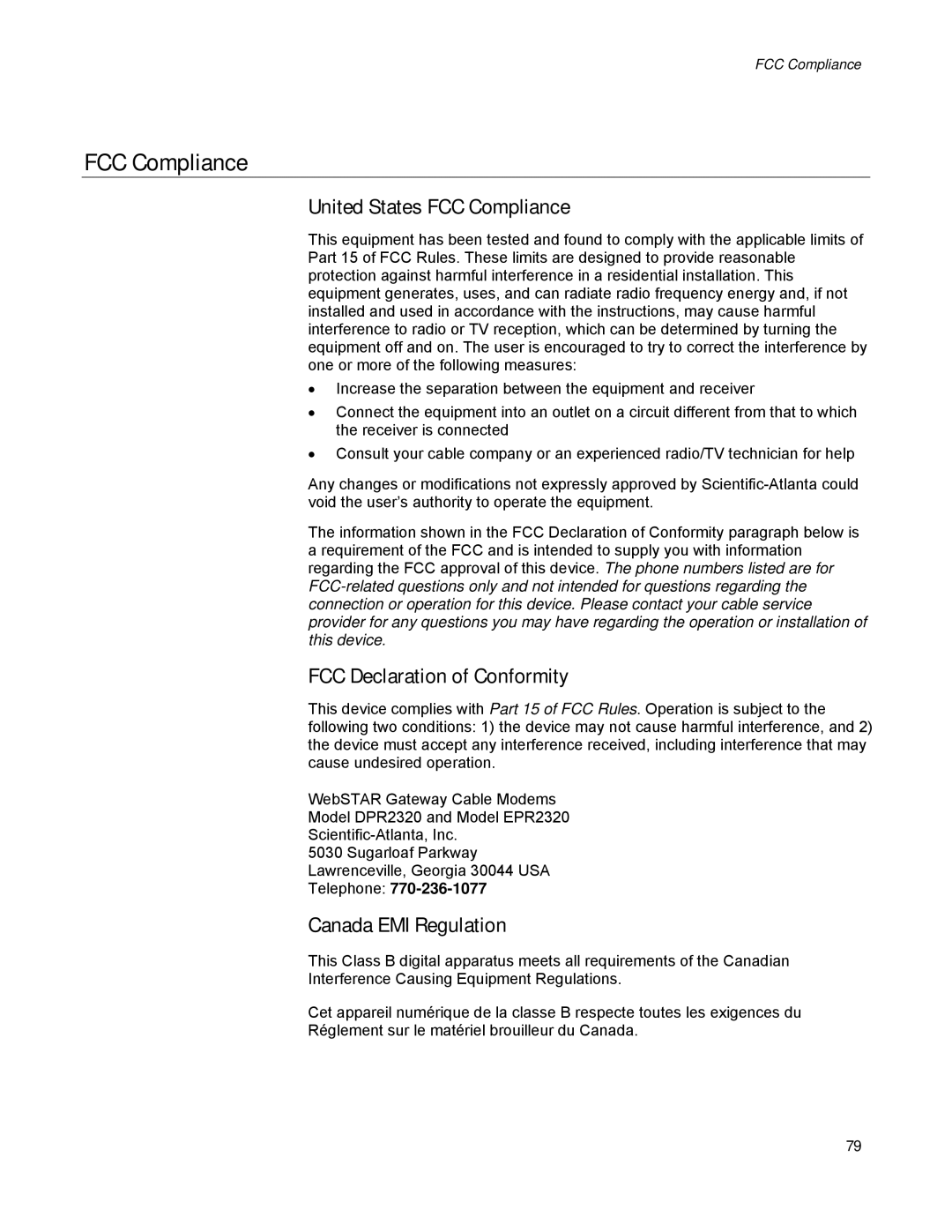 Scientific Atlanta DPR2320, EPR2320 United States FCC Compliance, FCC Declaration of Conformity, Canada EMI Regulation 