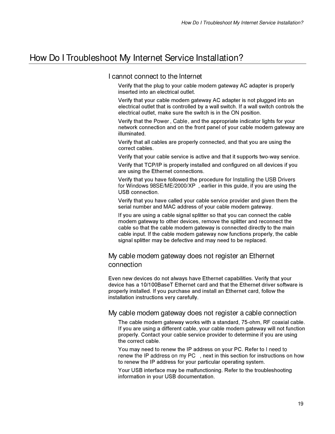 Scientific Atlanta DPR300 Series How Do I Troubleshoot My Internet Service Installation?, Cannot connect to the Internet 