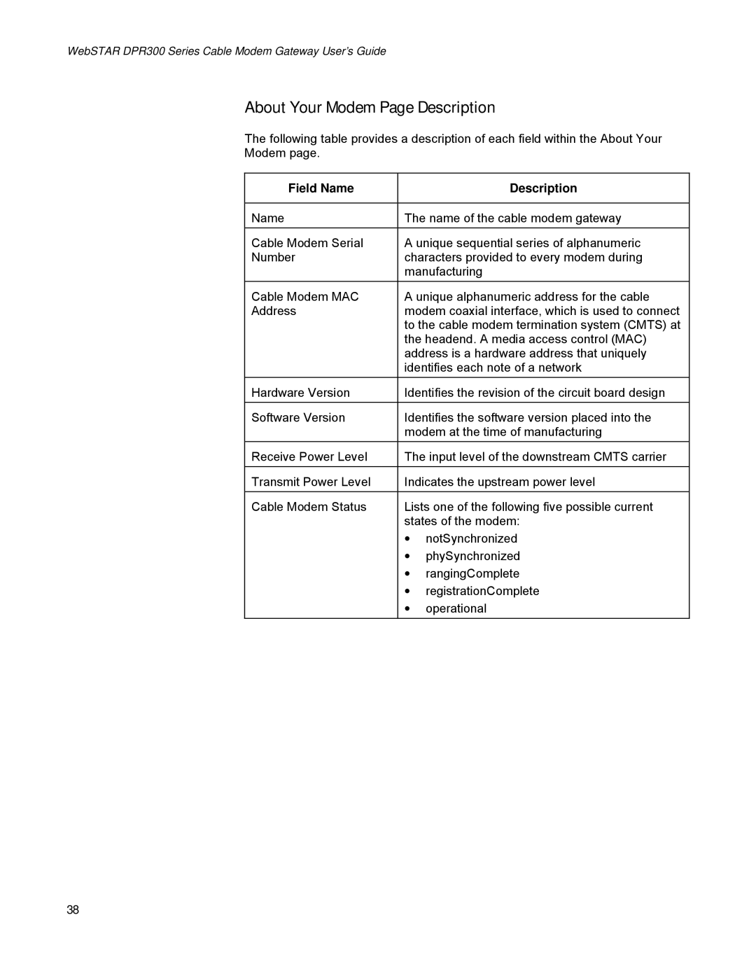 Scientific Atlanta DPR300 Series manual About Your Modem Page Description, Field Name Description 