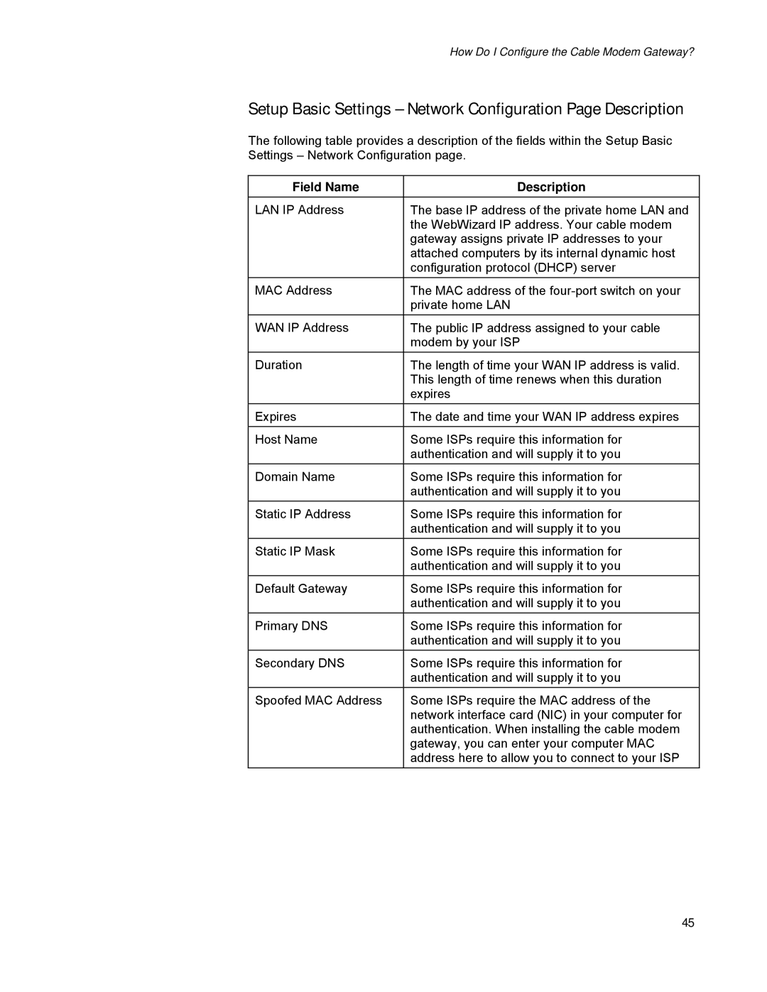 Scientific Atlanta DPR300 Series manual Setup Basic Settings Network Configuration Page Description 