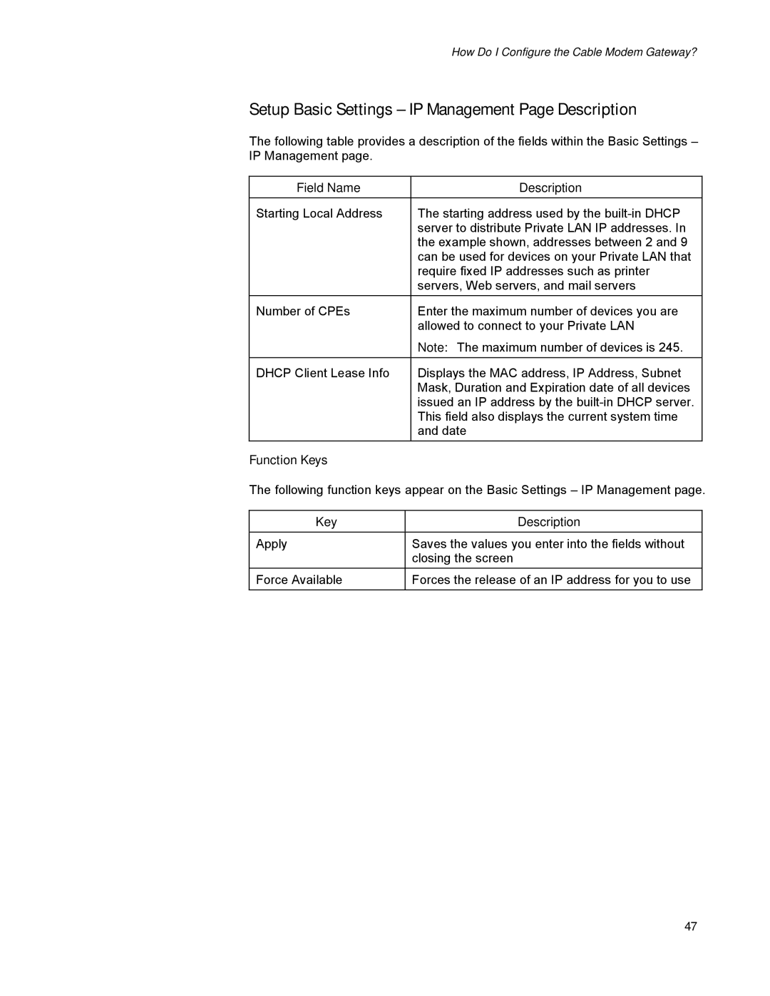 Scientific Atlanta DPR300 Series manual Setup Basic Settings IP Management Page Description 