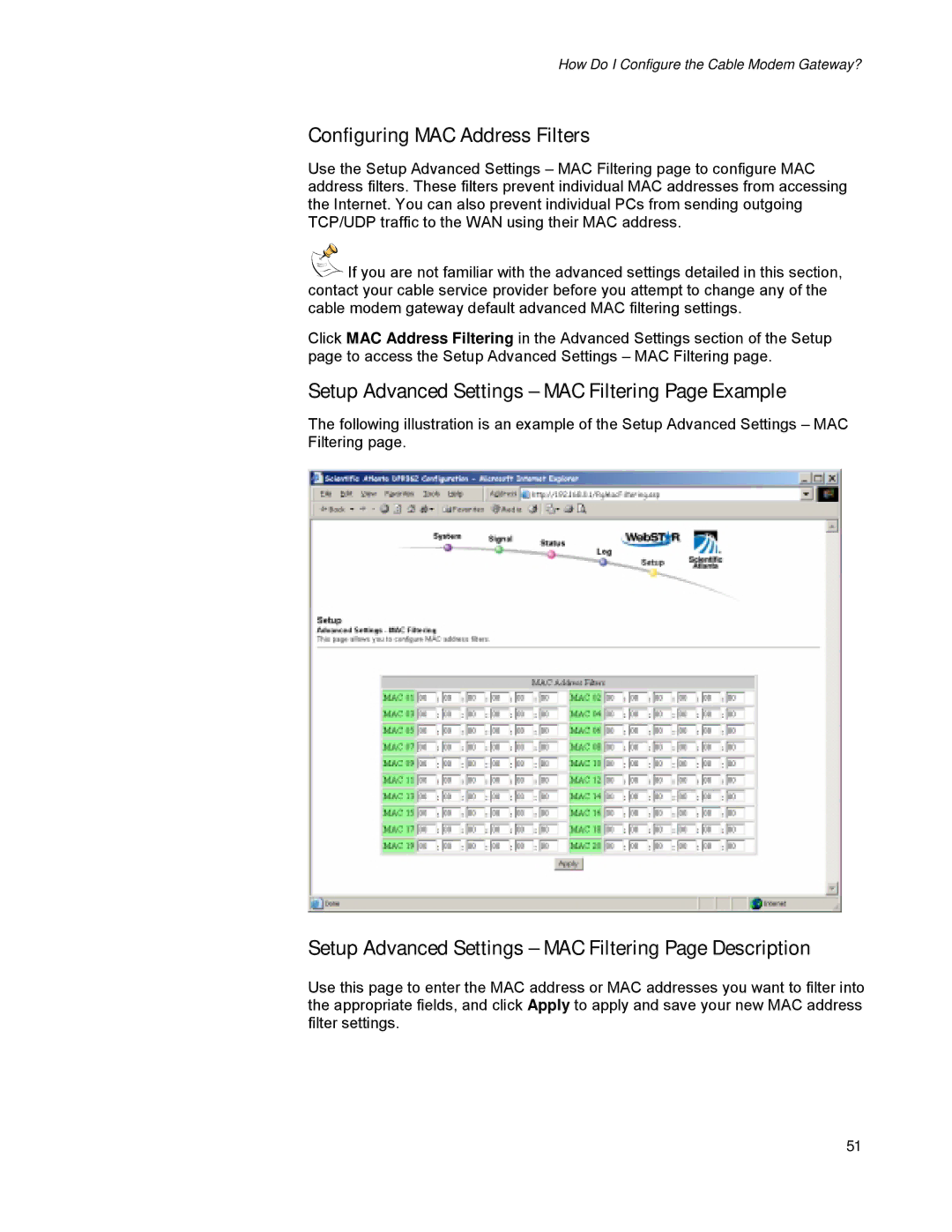 Scientific Atlanta DPR300 Series manual Configuring MAC Address Filters, Setup Advanced Settings MAC Filtering Page Example 