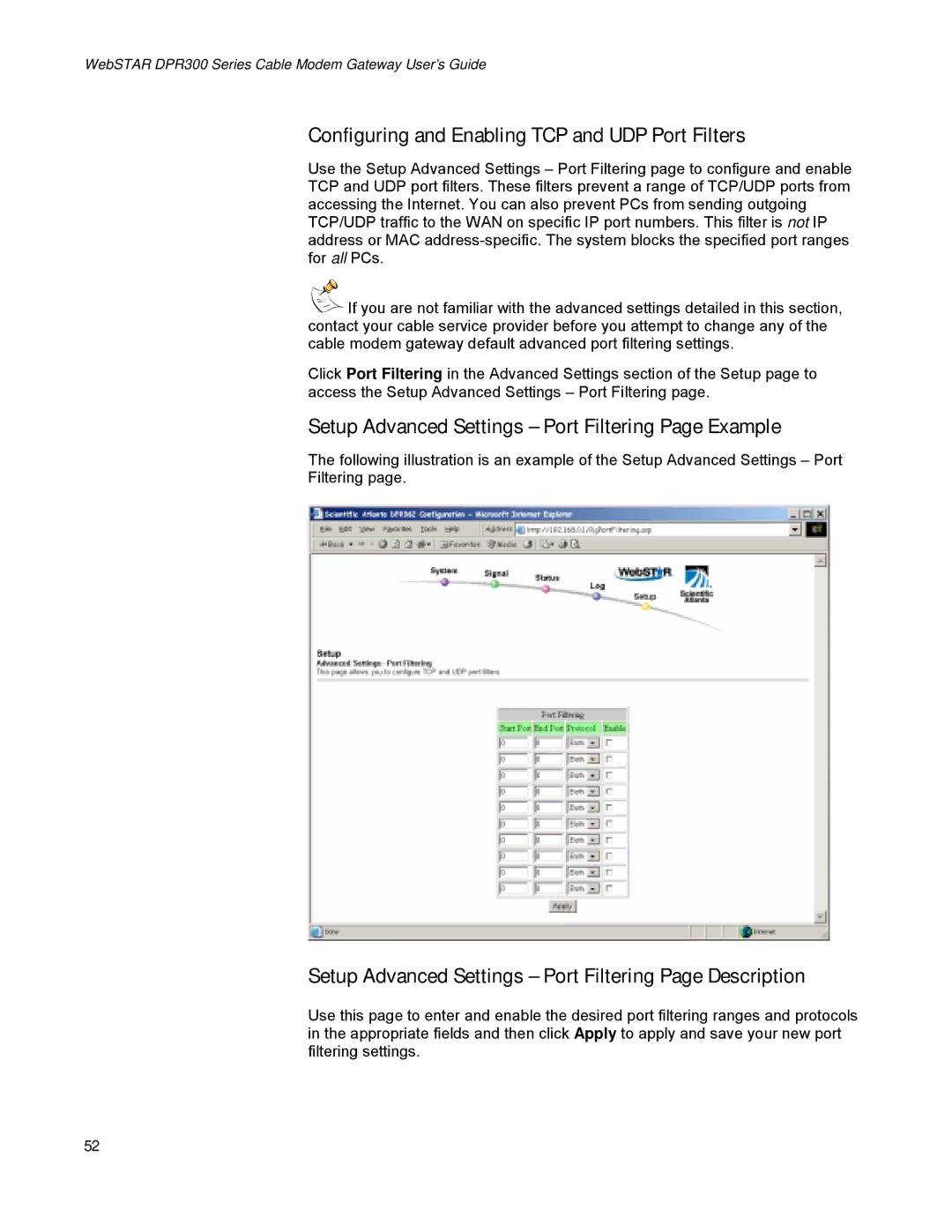 Scientific Atlanta DPR300 Series manual Configuring and Enabling TCP and UDP Port Filters 