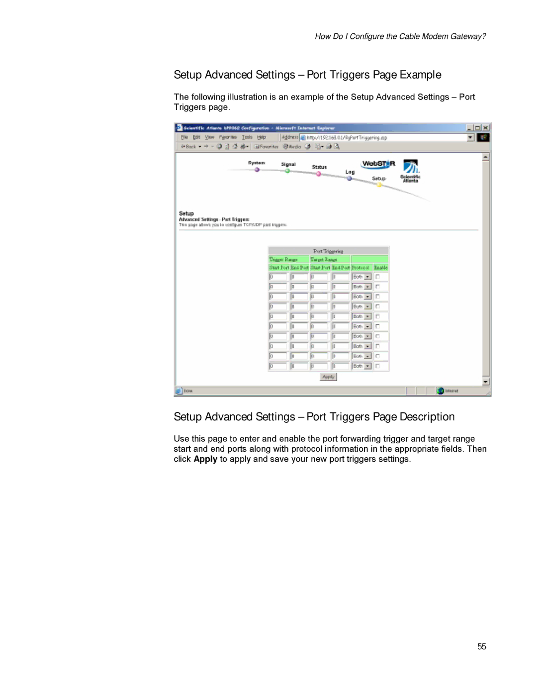 Scientific Atlanta DPR300 Series manual Setup Advanced Settings Port Triggers Page Example 