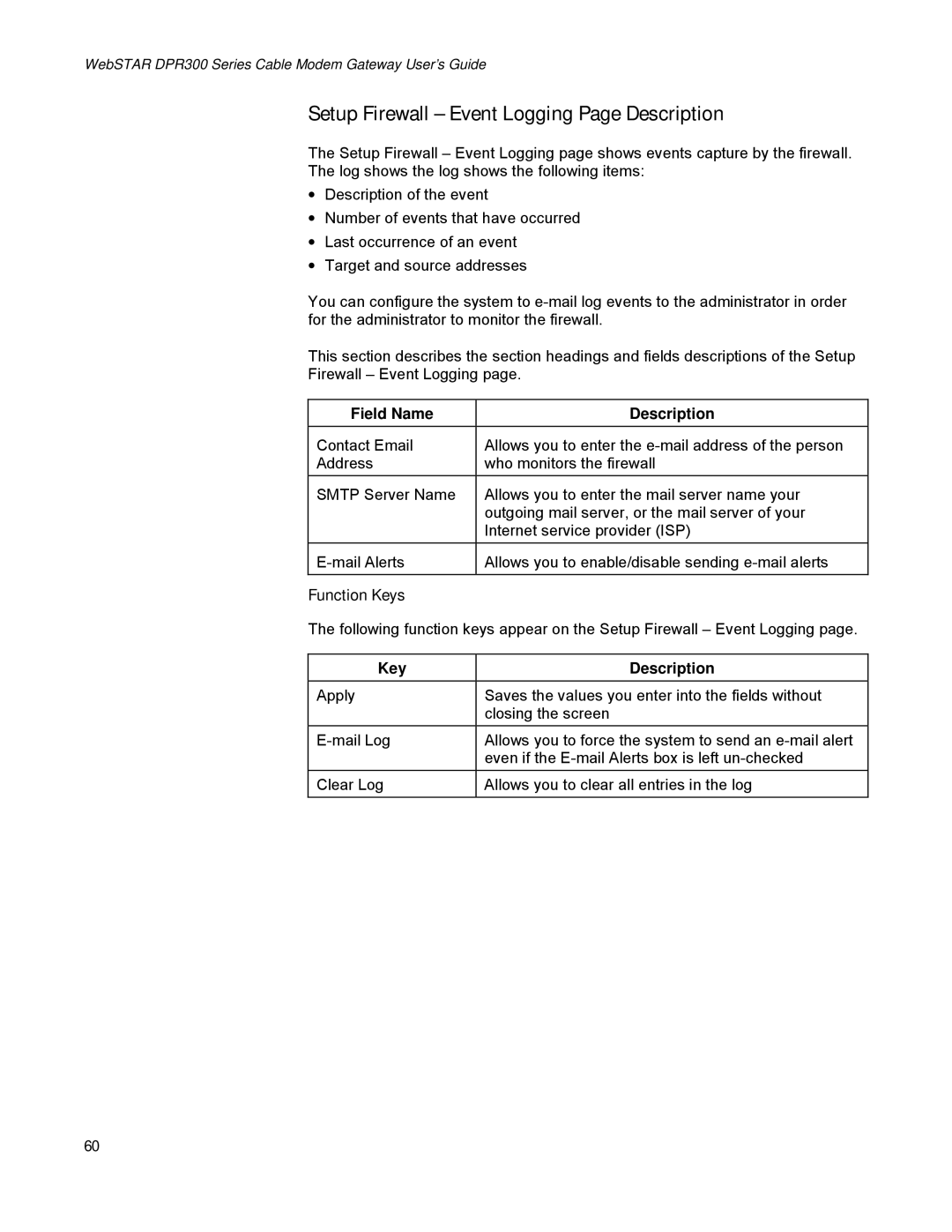 Scientific Atlanta DPR300 Series manual Setup Firewall Event Logging Page Description, Function Keys 