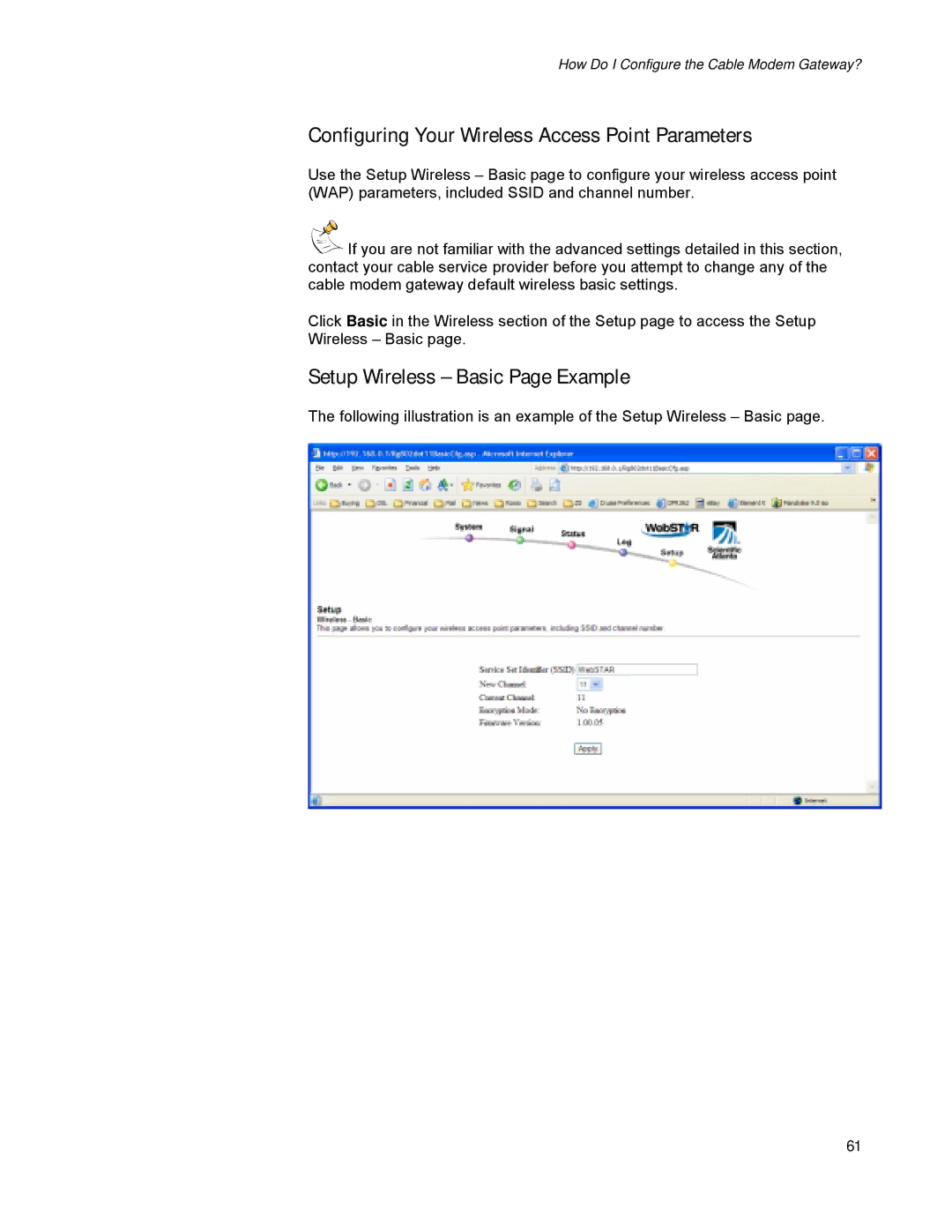 Scientific Atlanta DPR300 Series Configuring Your Wireless Access Point Parameters, Setup Wireless Basic Page Example 