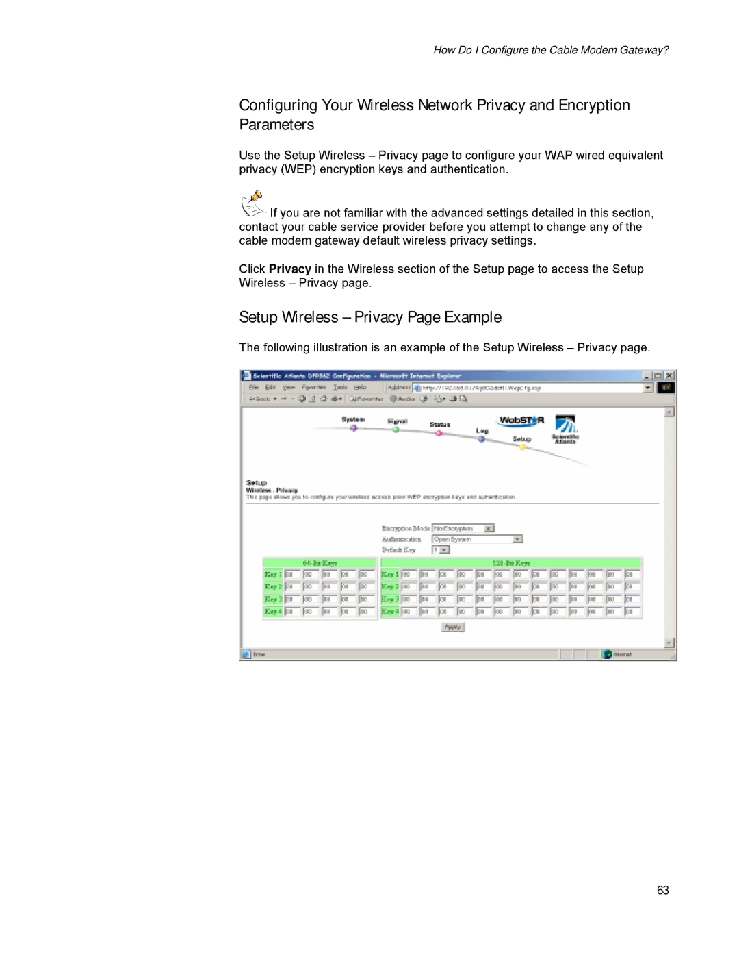 Scientific Atlanta DPR300 Series manual Setup Wireless Privacy Page Example 