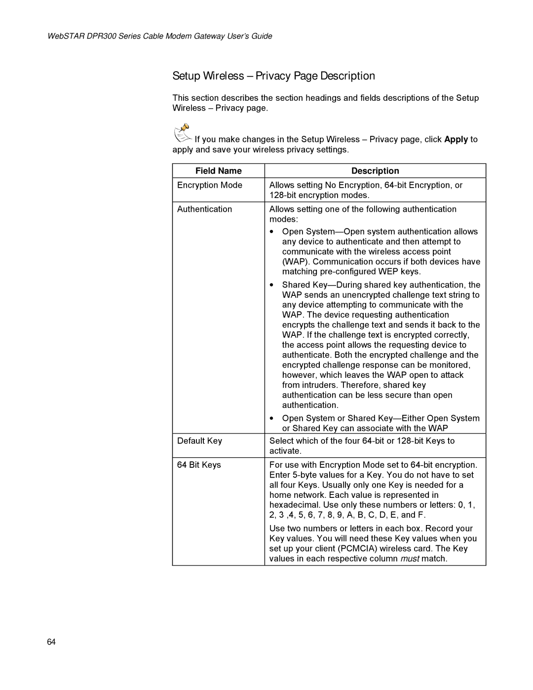 Scientific Atlanta DPR300 Series manual Setup Wireless Privacy Page Description 