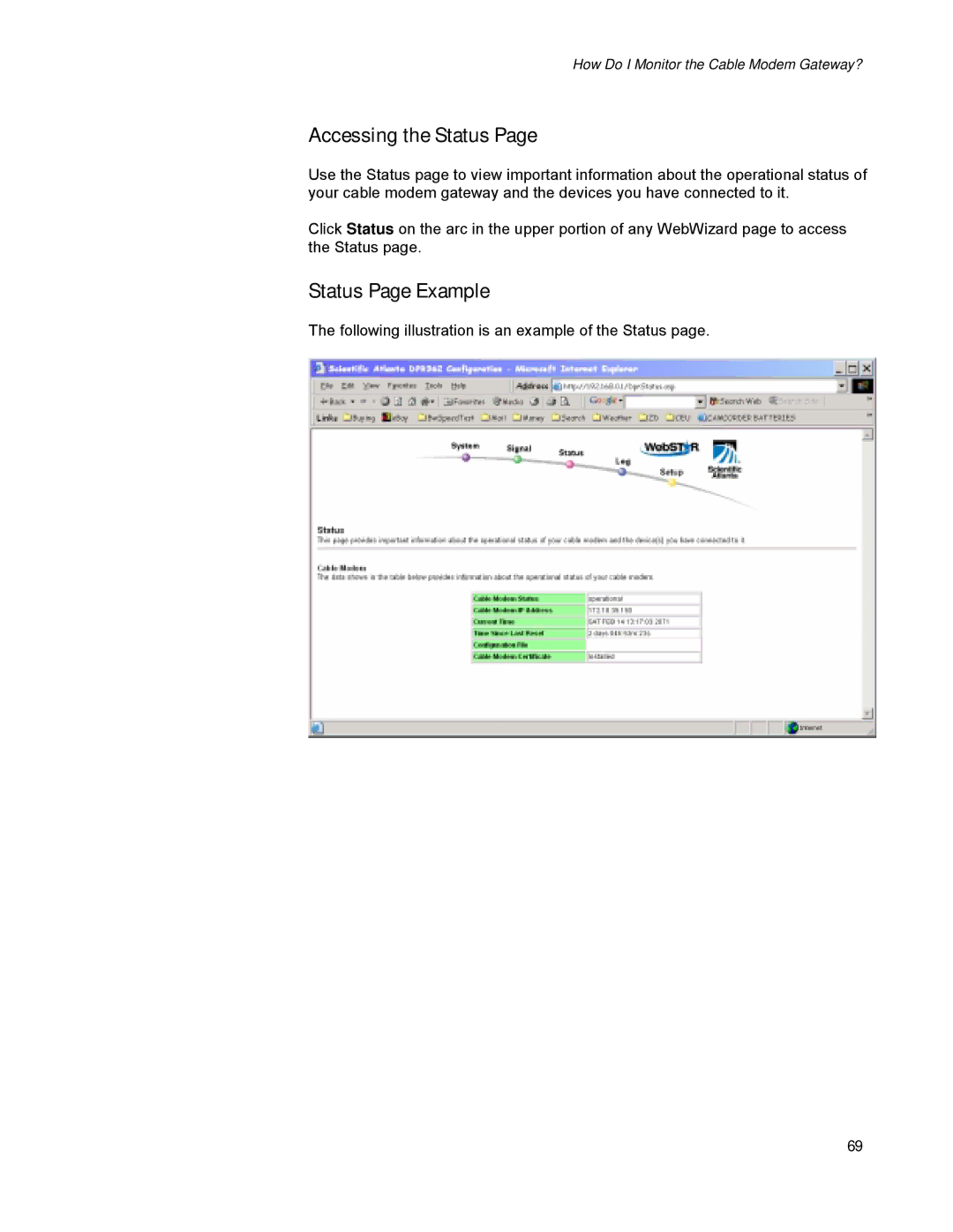 Scientific Atlanta DPR300 Series manual Accessing the Status, Status Page Example 