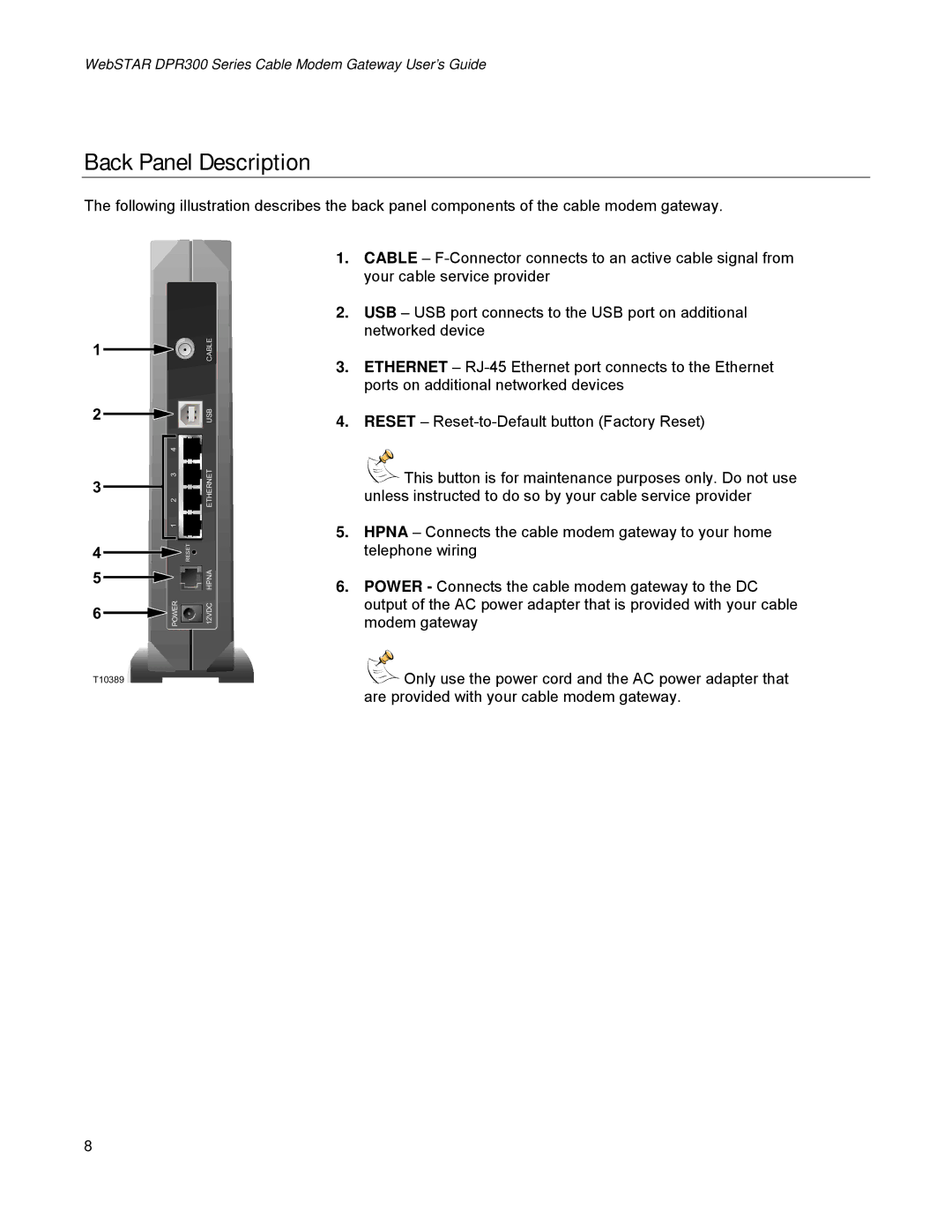 Scientific Atlanta DPR300 Series manual Back Panel Description 